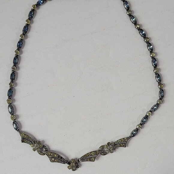 Vintage Otis Sterling Silver, Blue and White Crystal Choker Necklace 14" - Picture 1 of 8
